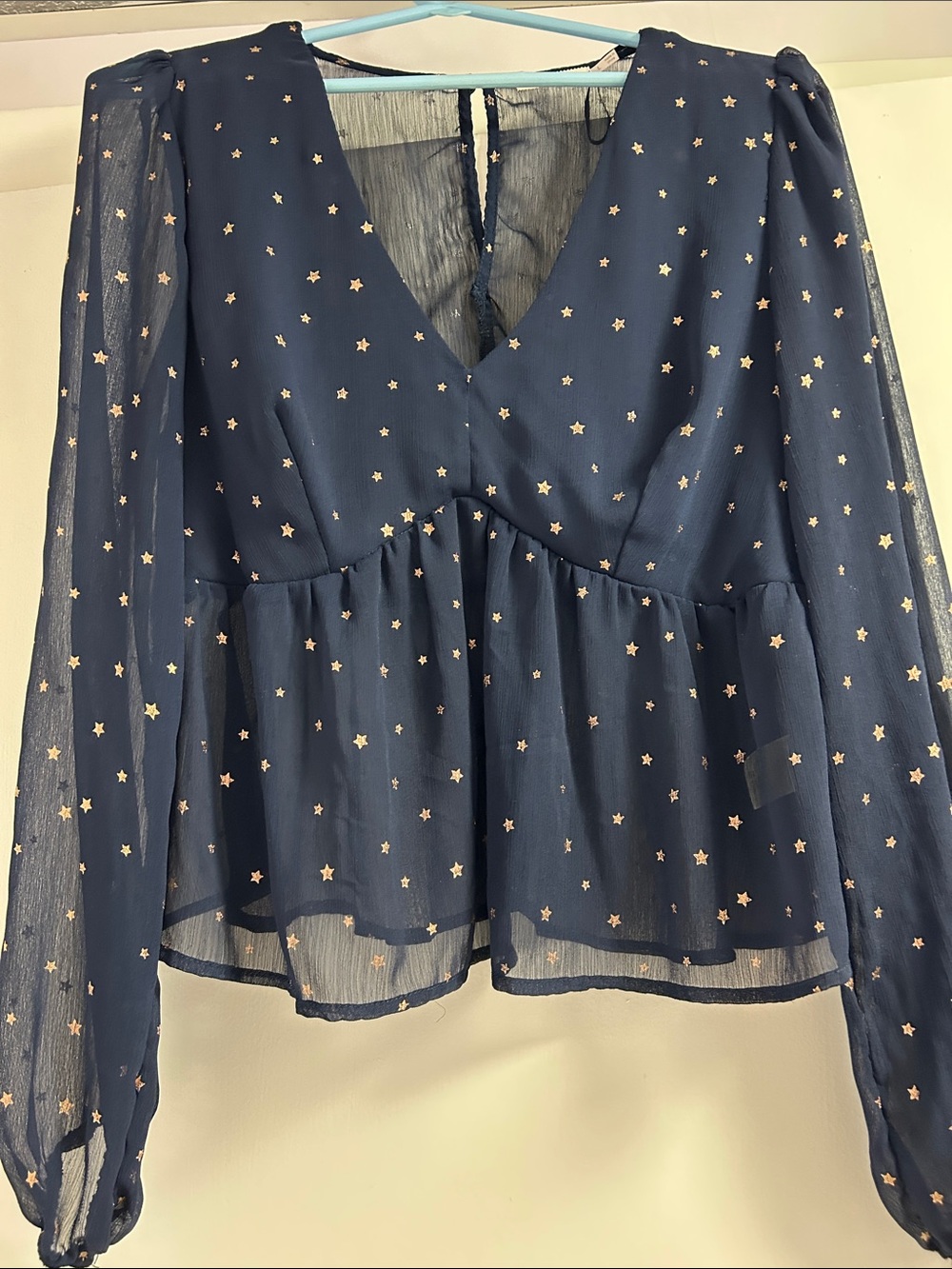 Francesca's Navy Blouse with Gold Star Print